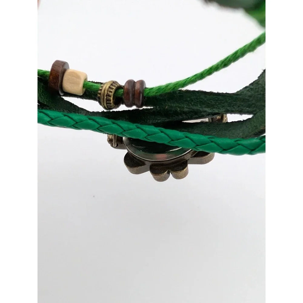 Multi Layer Braided Leather Wrap Watch Charm Green Leather Band- New‎ Battery